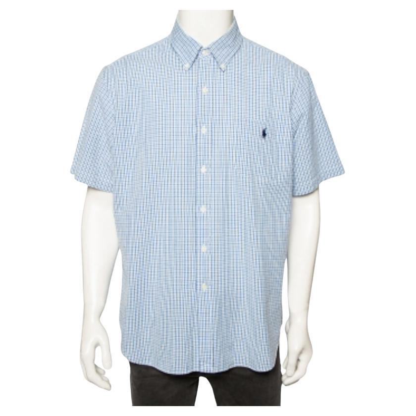 Ralph Lauren - Chemise à manches courtes en coton à carreaux bleus avec boutons sur le devant XL