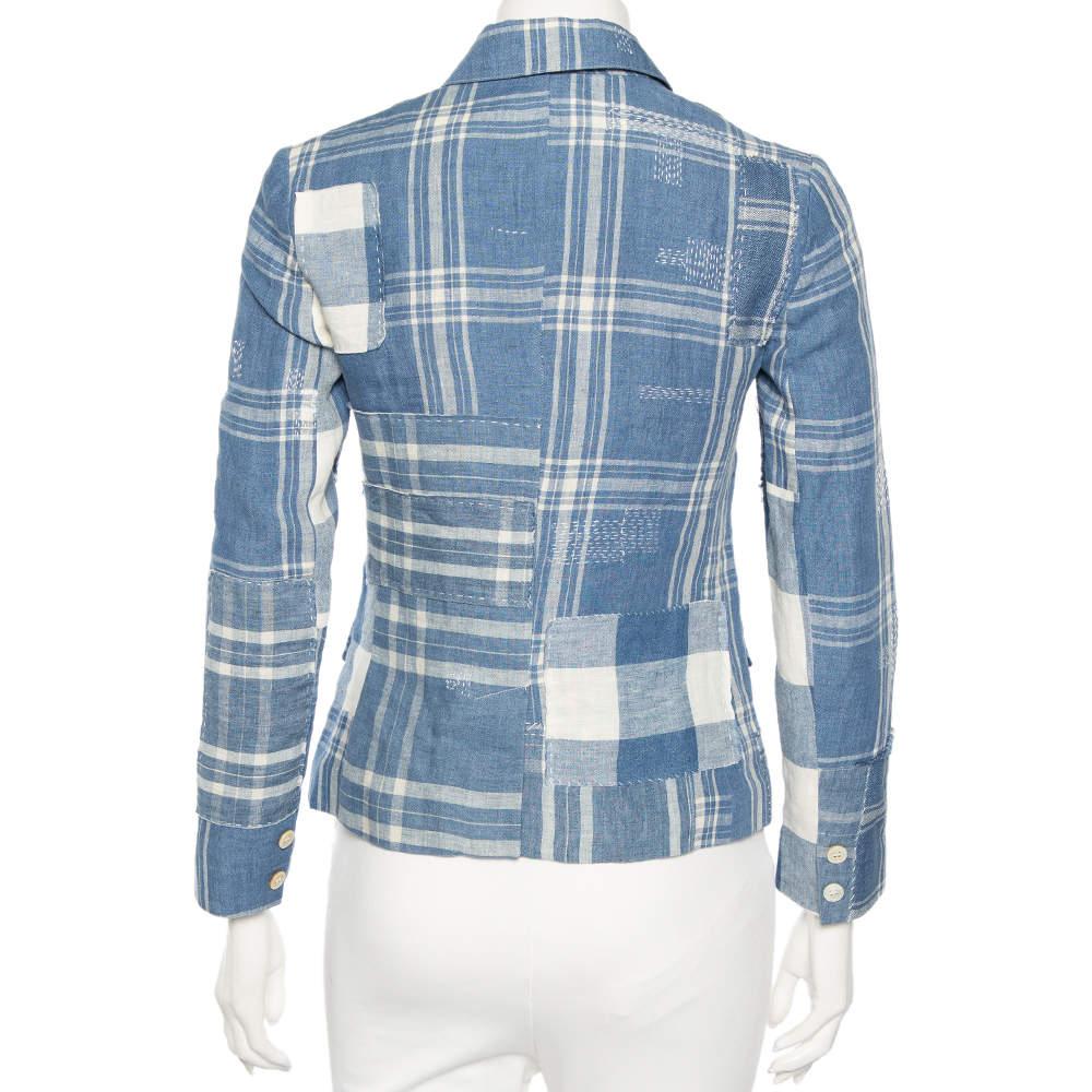 Bleu Ralph Lauren - Blazer en ligne à carreaux bleus avec détails patchwork S en vente