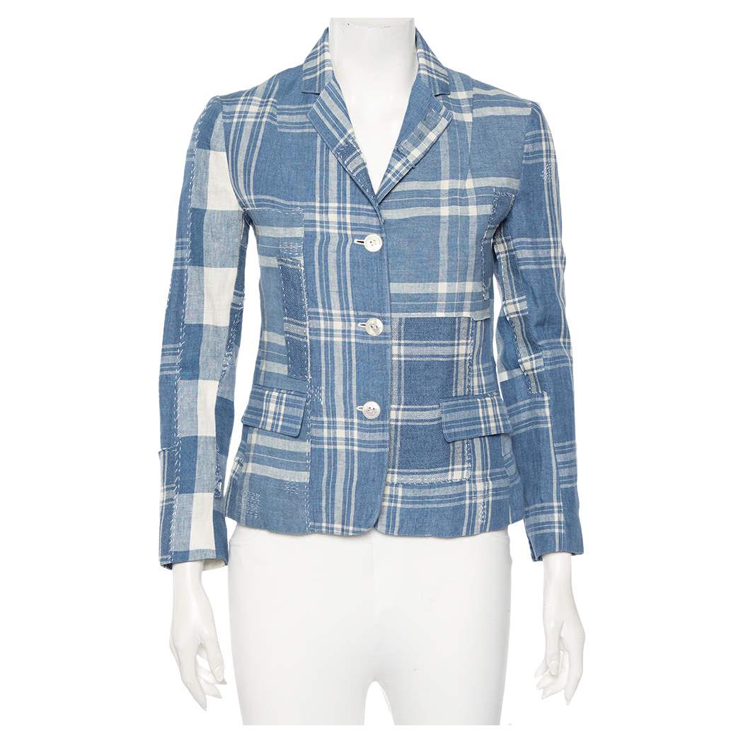 Ralph Lauren Blue Checkered Line Patchwork Detail Blazer S For Sale