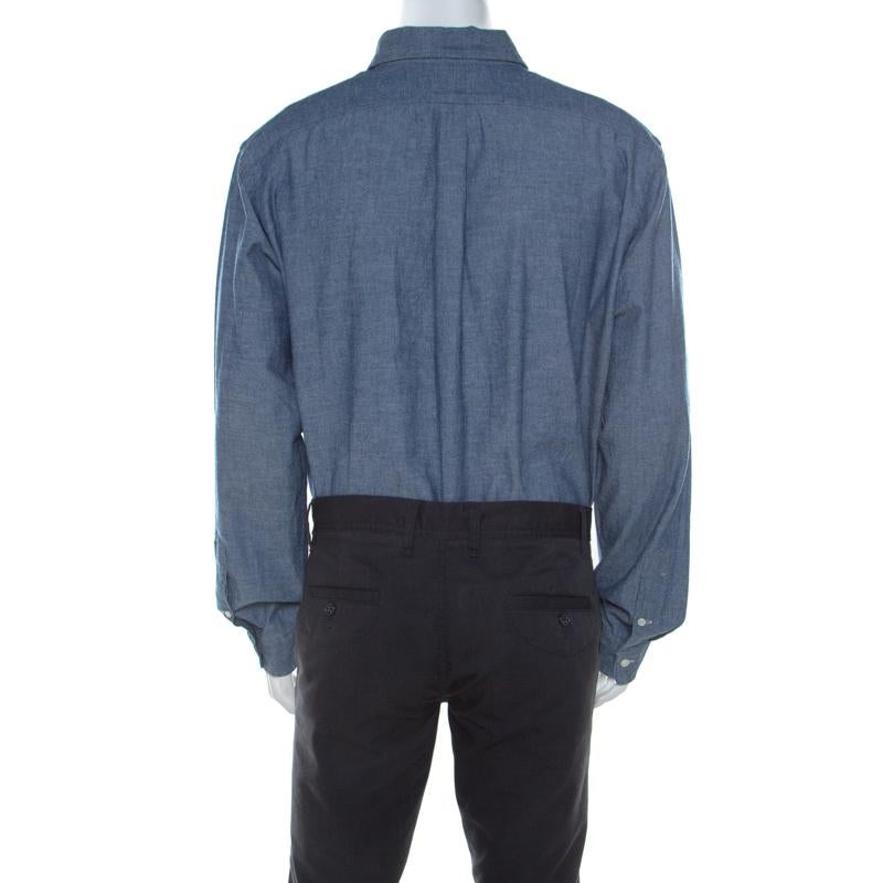 Gray Ralph Lauren Blue Cotton Linen Blend Button Down Classic Fit Shirt XL