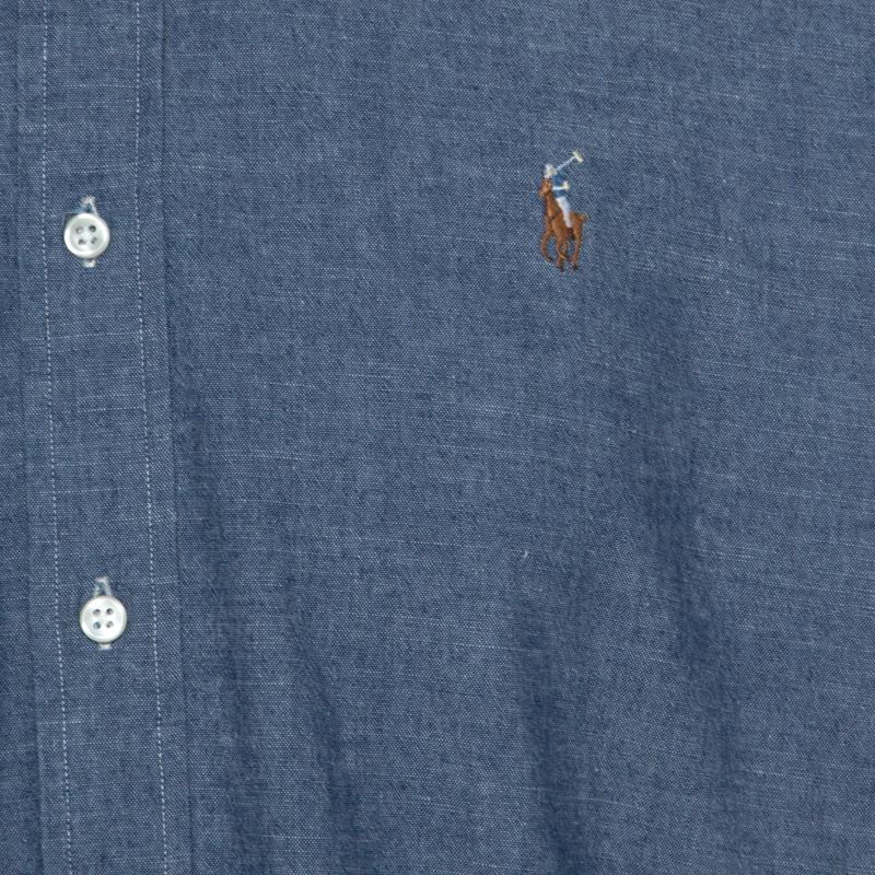 Ralph Lauren Blue Cotton Linen Blend Button Down Classic Fit Shirt XL In Good Condition In Dubai, Al Qouz 2