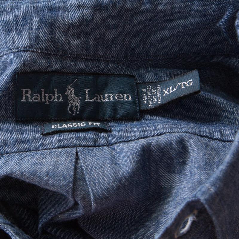 Ralph Lauren Blue Cotton Linen Blend Button Down Classic Fit Shirt XL 1