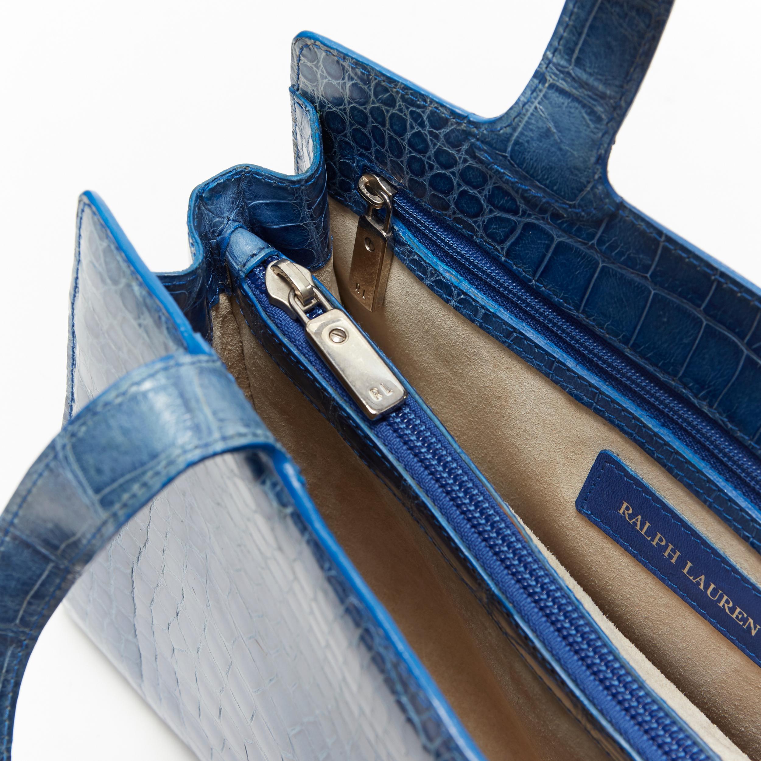 RALPH LAUREN blue crocodile leather top handle structured evening bag 2