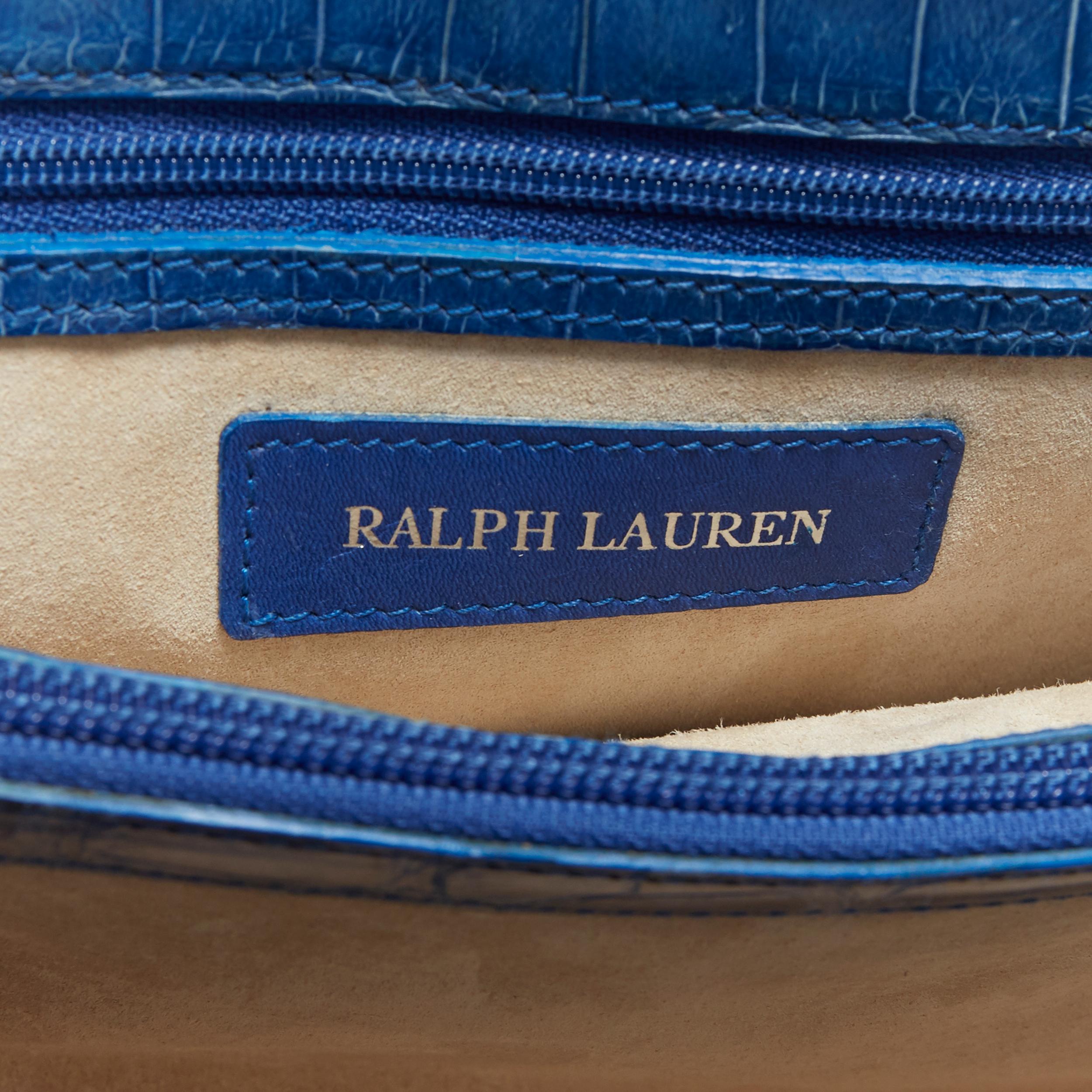 RALPH LAUREN blue crocodile leather top handle structured evening bag 4