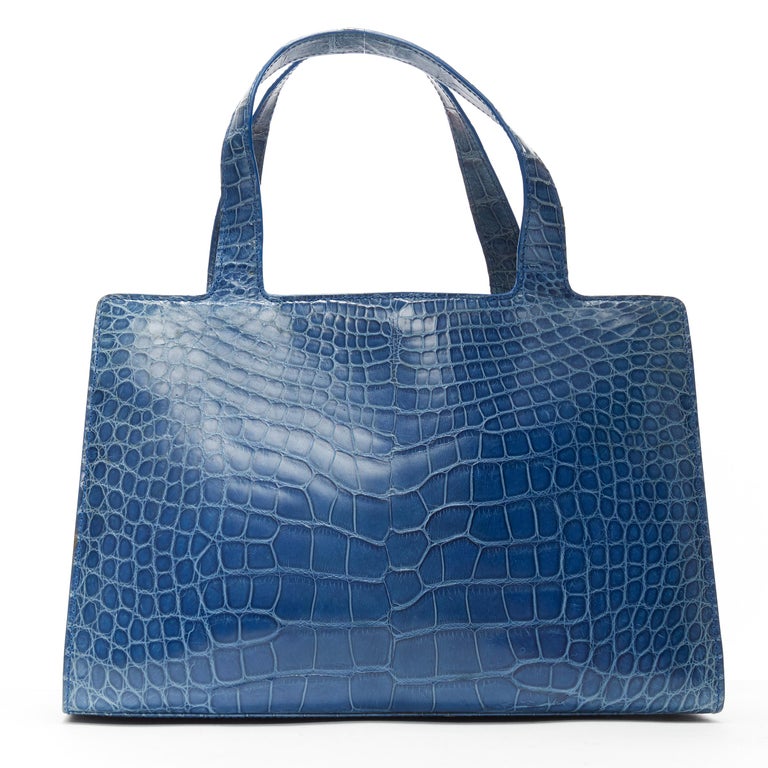 RALPH LAUREN blue crocodile leather top handle structured evening bag ...