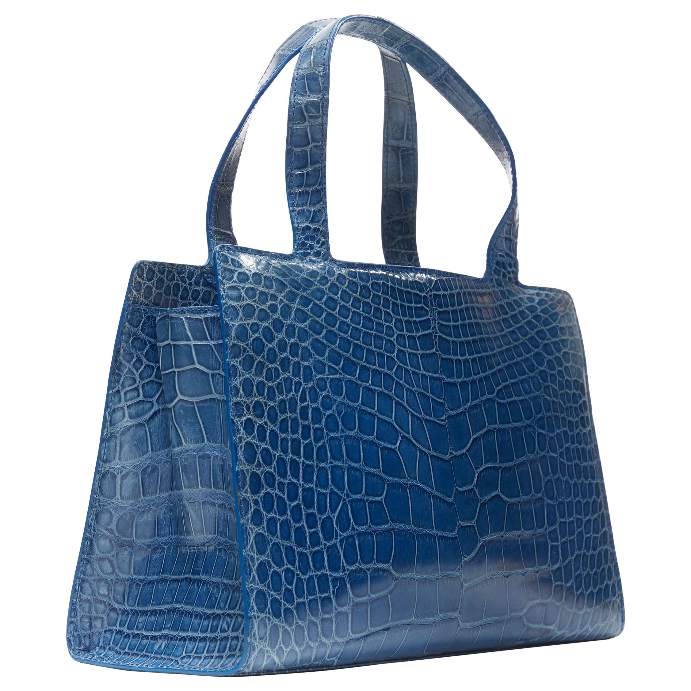 RALPH LAUREN blue crocodile leather top handle structured evening bag