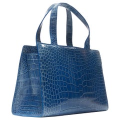 RALPH LAUREN blue crocodile leather top handle structured evening bag