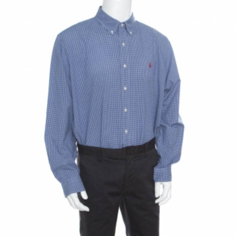 Ralph Lauren Blaues besticktes langärmeliges Hemd aus Baumwolle mit Gingham-Logo XXL (Grau) im Angebot