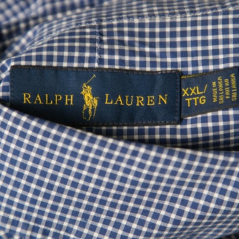 Ralph Lauren Blaues besticktes langärmeliges Hemd aus Baumwolle mit Gingham-Logo XXL Herren im Angebot