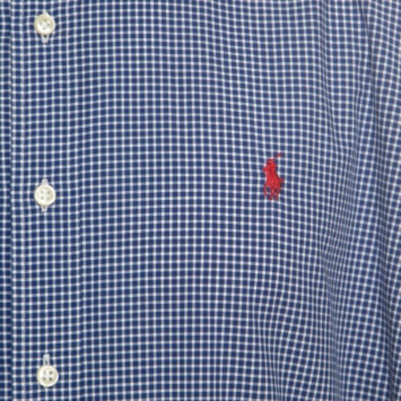 Ralph Lauren Blaues besticktes langärmeliges Hemd aus Baumwolle mit Gingham-Logo XXL im Angebot 1