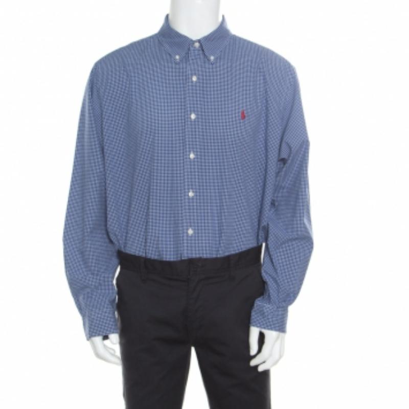 Ralph Lauren Blaues besticktes langärmeliges Hemd aus Baumwolle mit Gingham-Logo XXL im Angebot