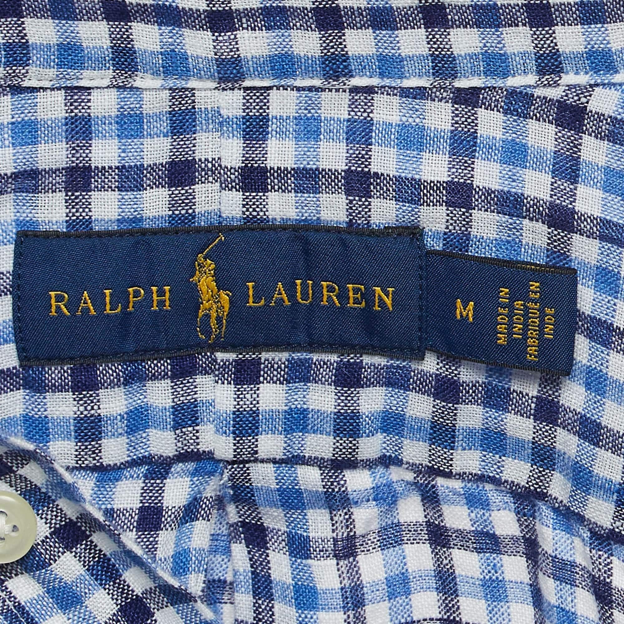 Men's Ralph Lauren Blue Gingham Linen Button Down Shirt M For Sale