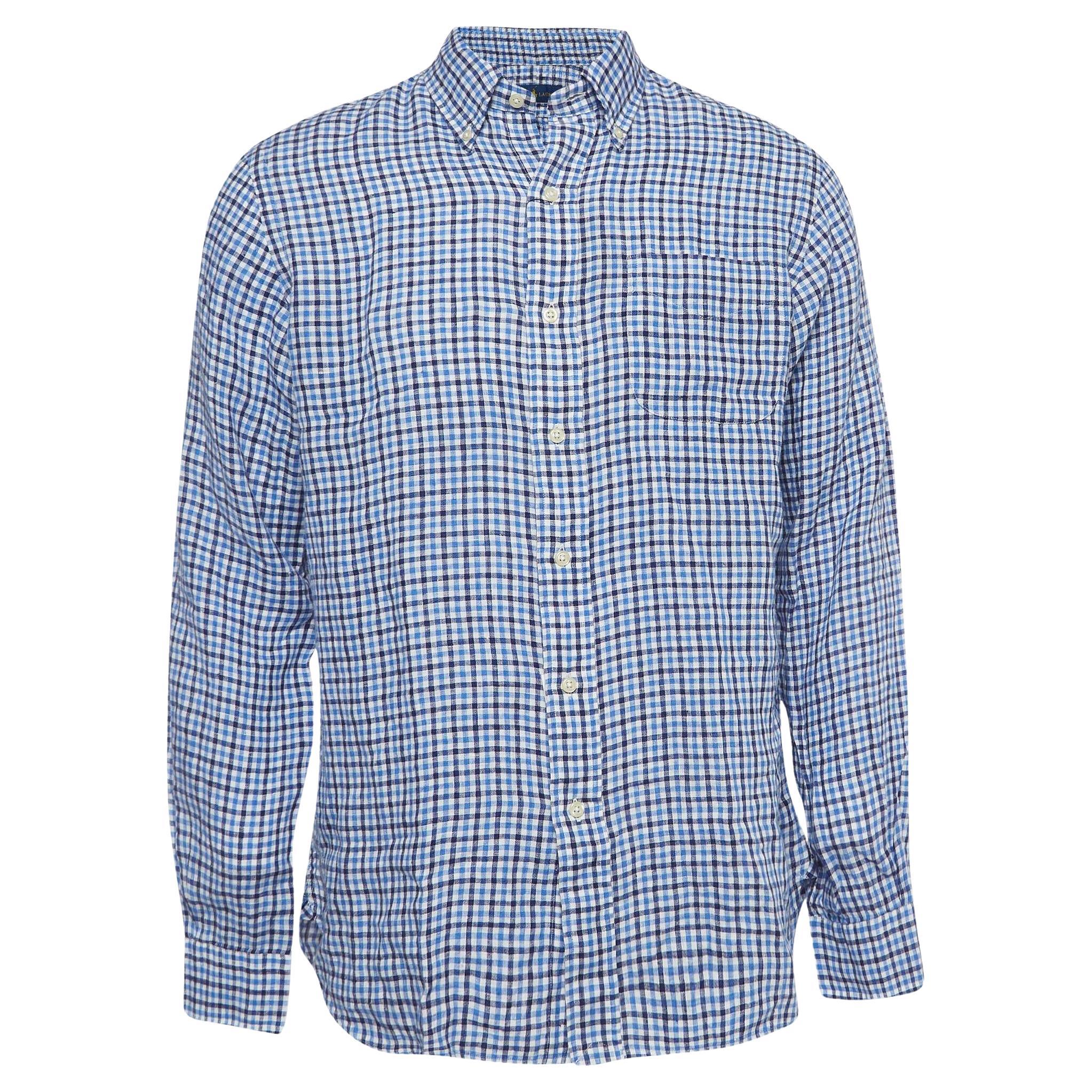 Ralph Lauren Blue Gingham Linen Button Down Shirt M For Sale