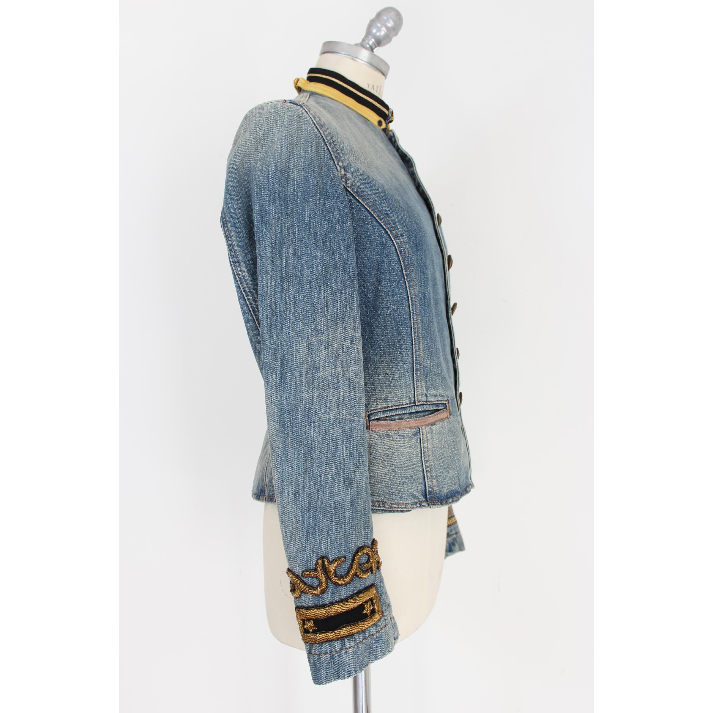 Gray Ralph Lauren Blue Jeans Flared Denim Jacket Stand-Up Collar Golden Insert 1990s