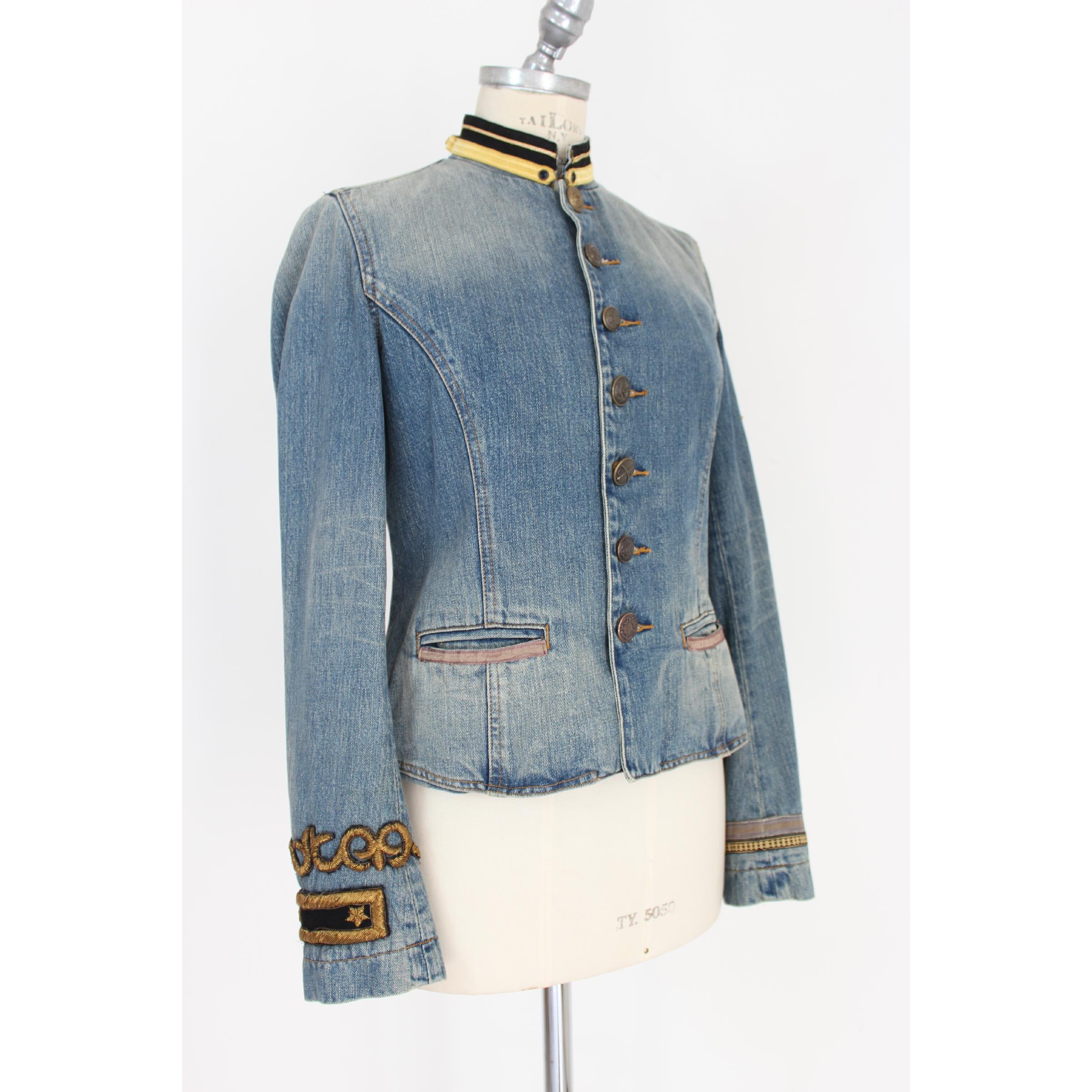 Ralph Lauren Blue Jeans Flared Denim Jacket Stand-Up Collar Golden Insert 1990s In Good Condition In Brindisi, Bt