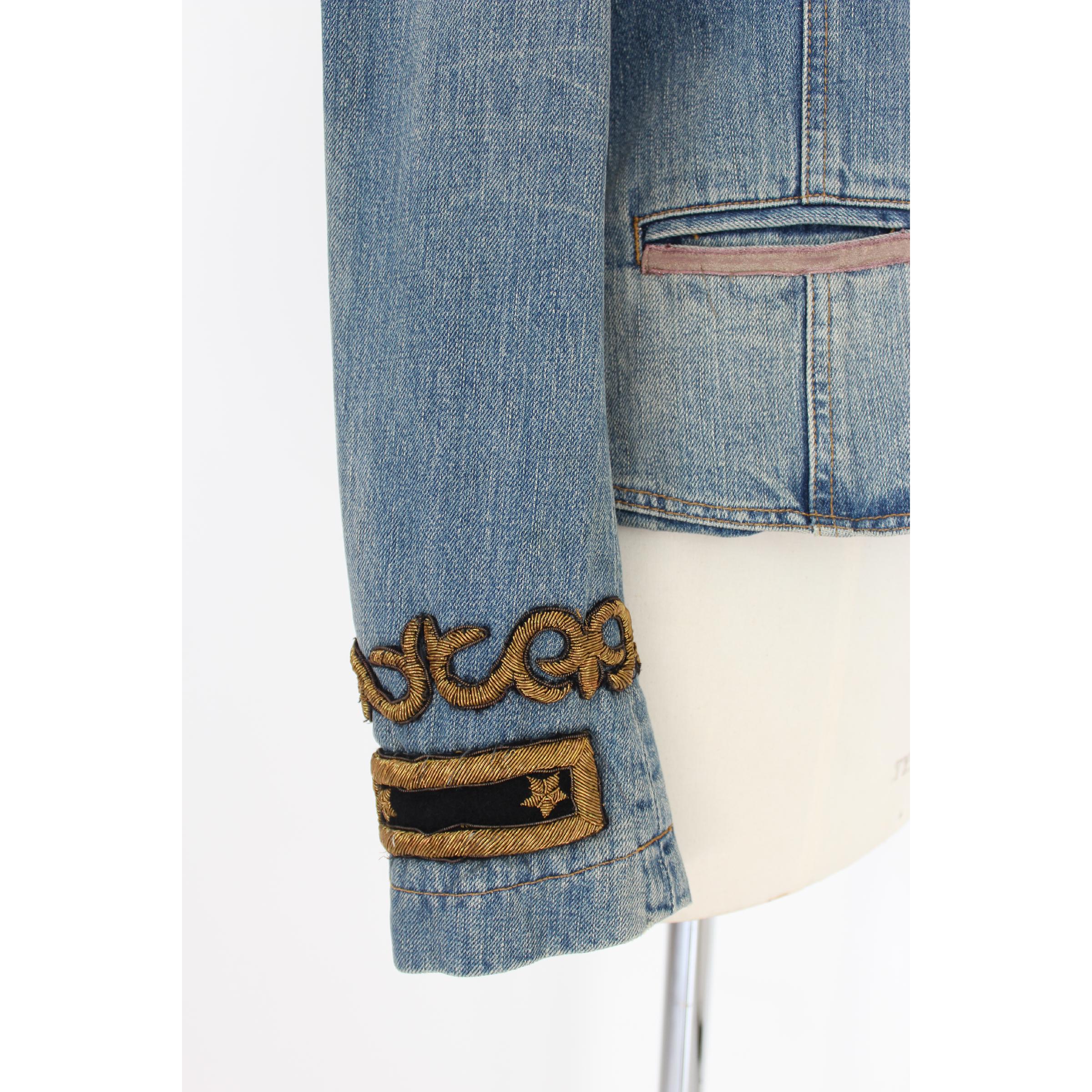 Women's Ralph Lauren Blue Jeans Flared Denim Jacket Stand-Up Collar Golden Insert 1990s