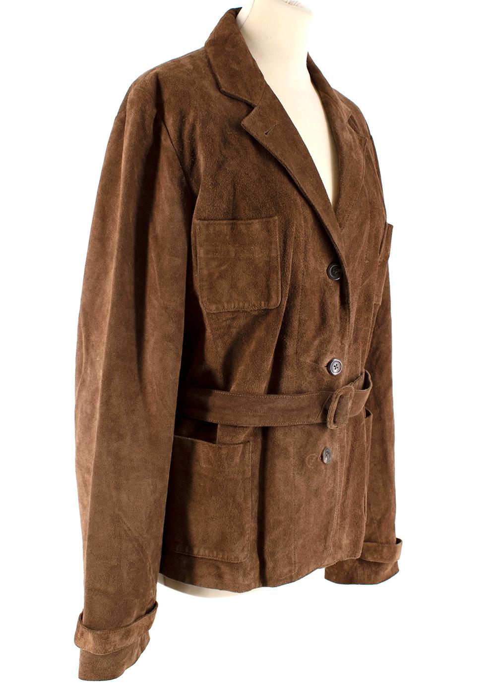 Ralph Lauren Brown Suede Leather Jacket with Belt

-Soft suede leather material
-Four front pockets
-Four button enclosures down front
-Belted and fully lined

Materials:
100% Genuine Leather
Lining: 100% viscose

Made in China
Dry clean