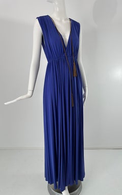 Ralph Lauren Blue Label Greek Goddess Plunge Neck Violet Blue Silk Maxi Dress M