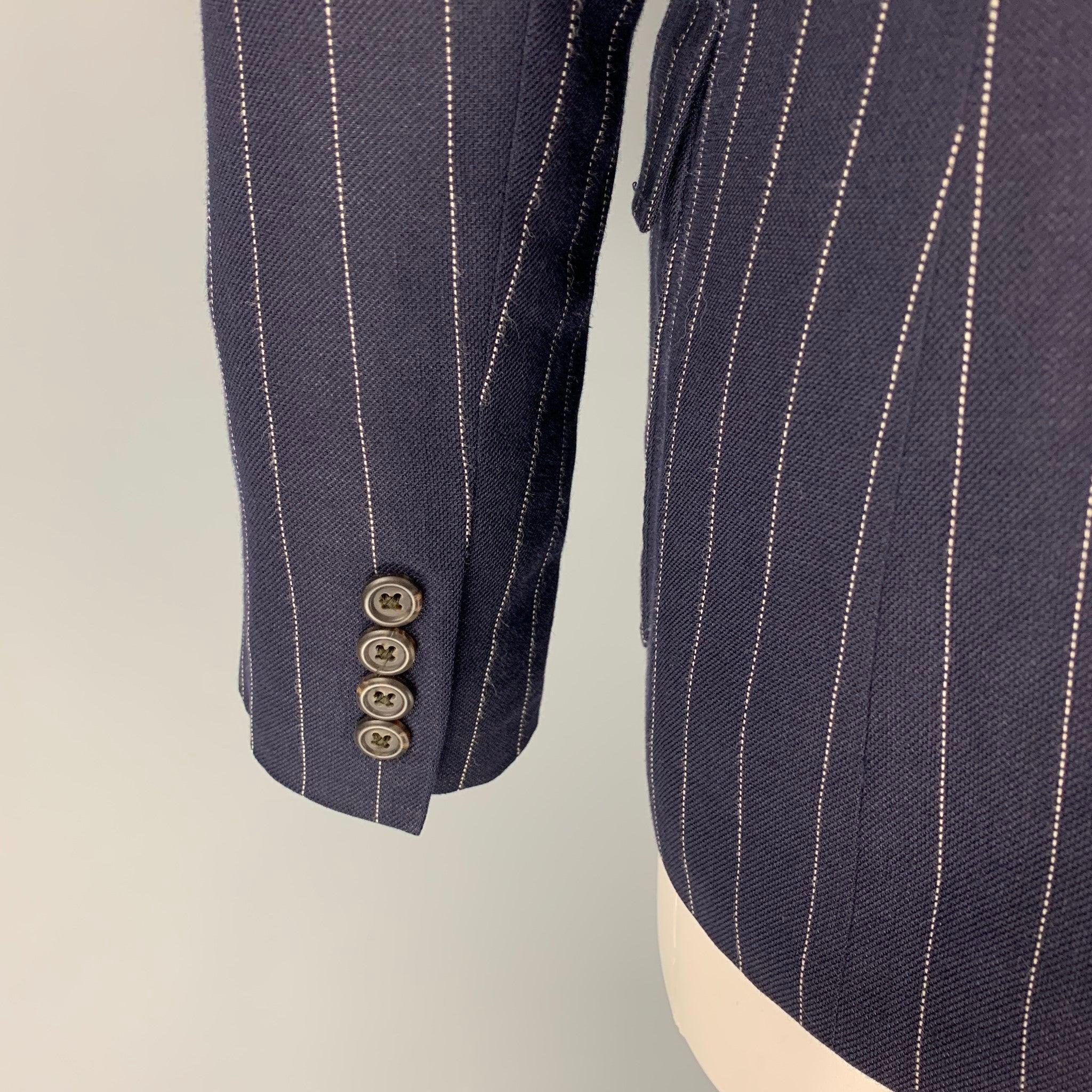RALPH LAUREN Blue Label Size 12 Navy White Pinstripe Linen Blend Blazer For Sale 1
