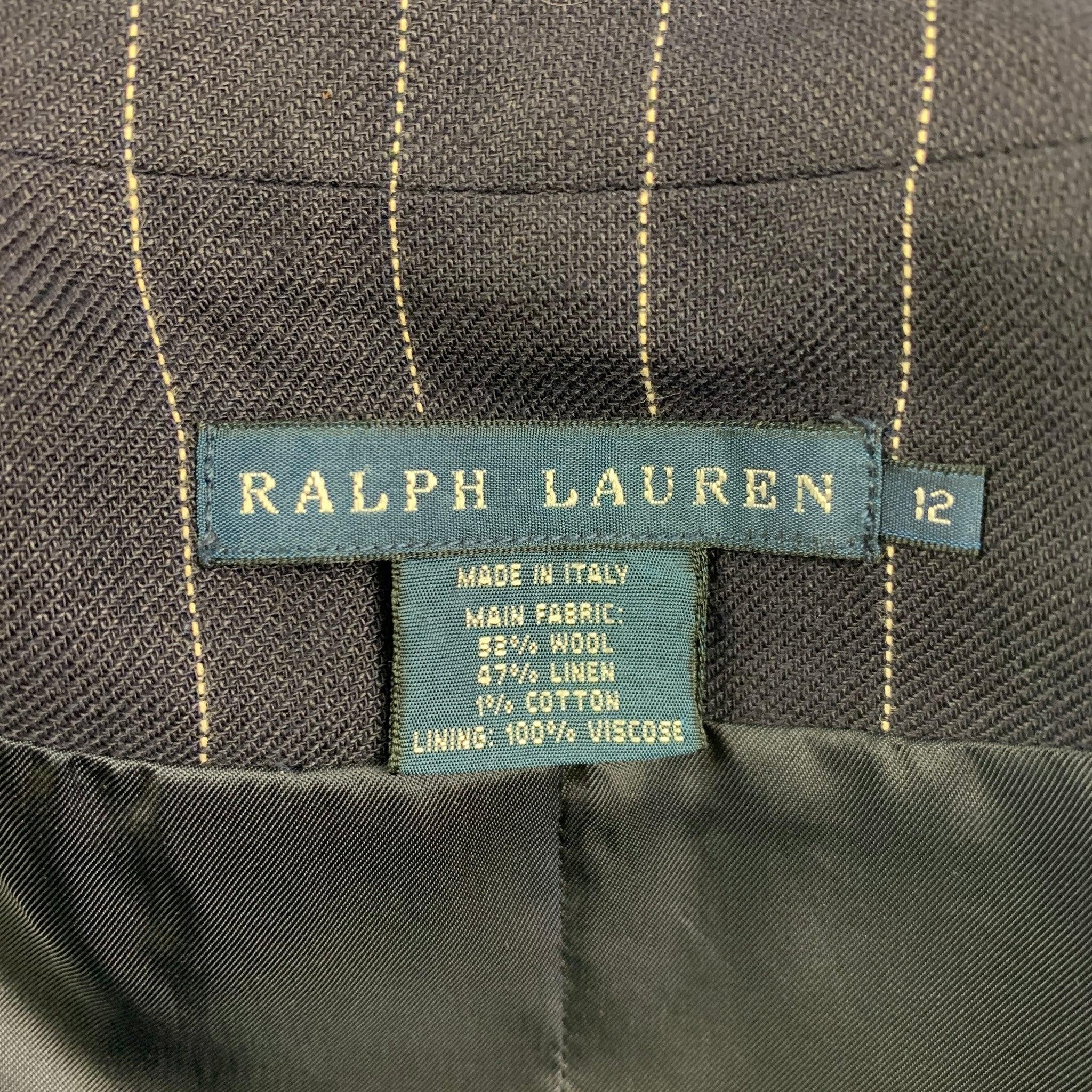 RALPH LAUREN Blue Label Size 12 Navy White Pinstripe Linen Blend Blazer For Sale 2