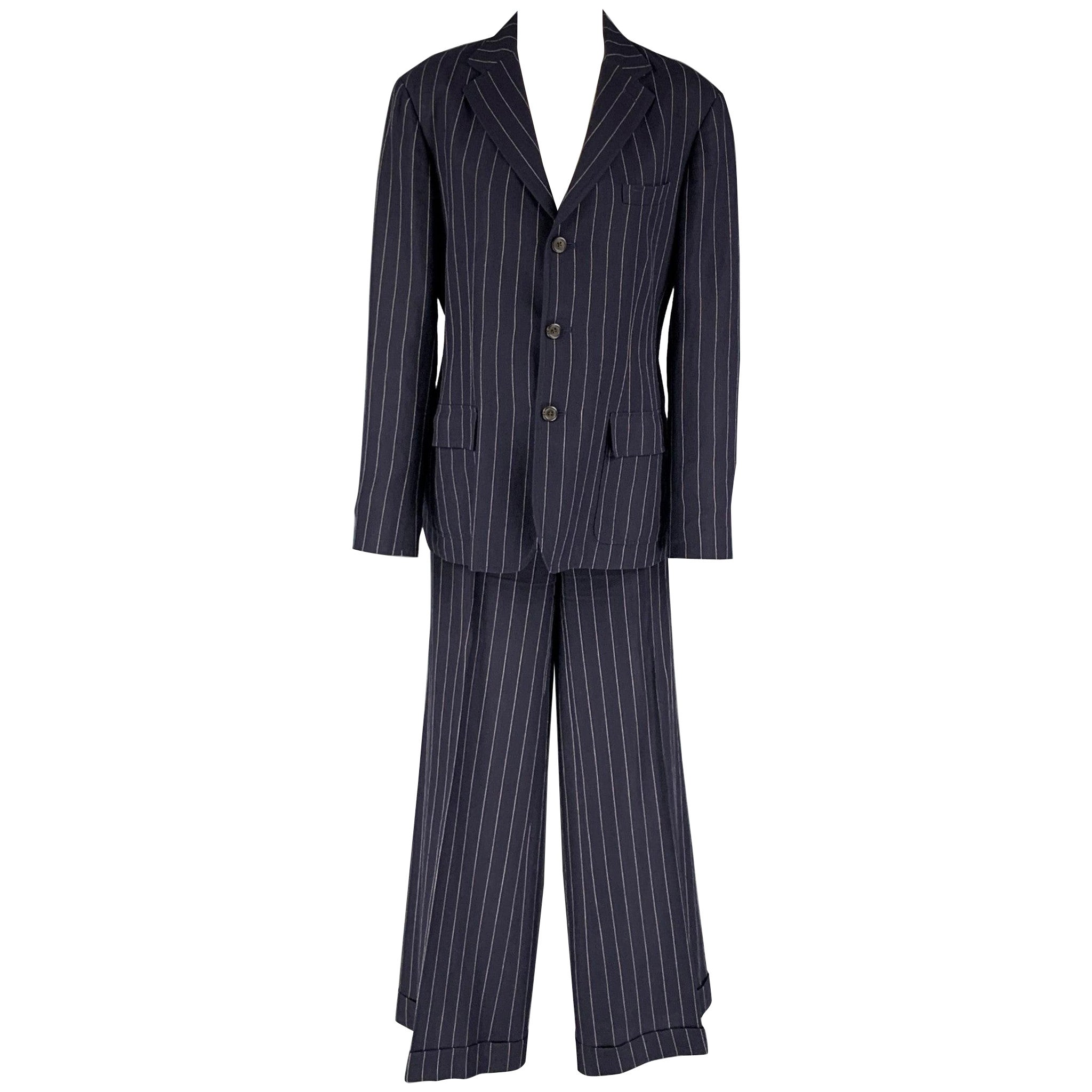 RALPH LAUREN Blue Label Taglia 12 Blazer gessato bianco e blu in misto lino