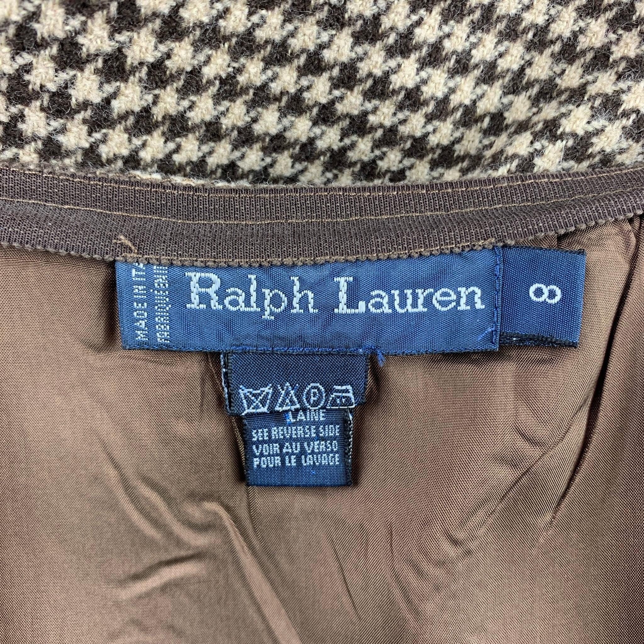 Women's RALPH LAUREN Blue Label Size 8 Brown & Beige Houndstooth Wool Pencil Skirt For Sale