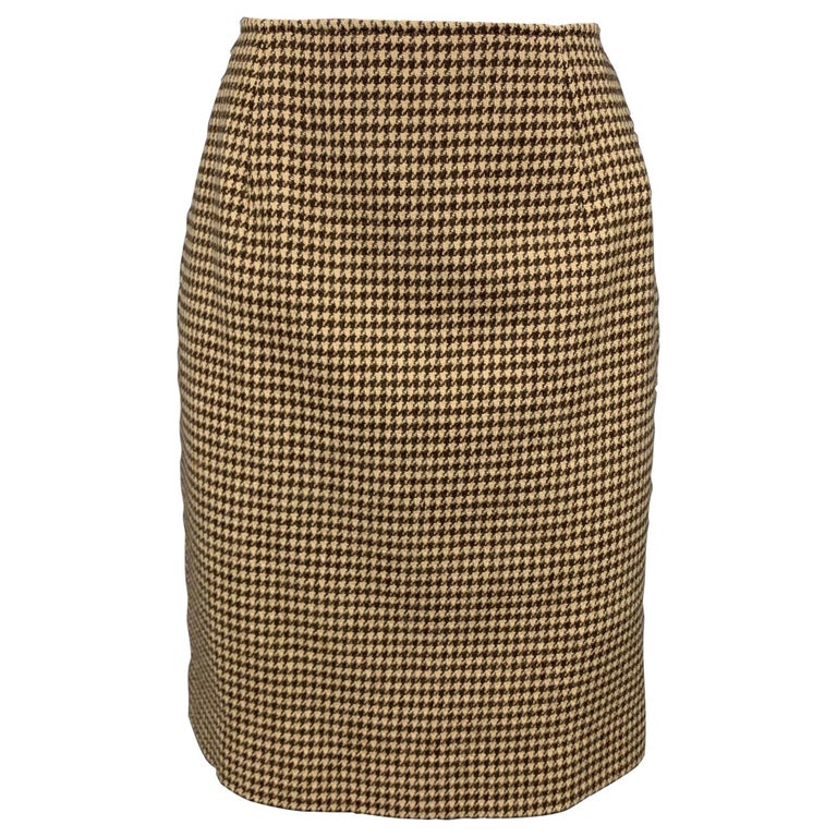 RALPH LAUREN Blue Label Size 8 Brown and Beige Houndstooth Wool Pencil Skirt  For Sale at 1stDibs