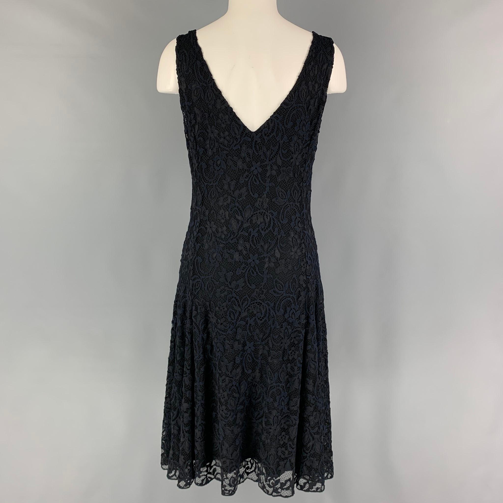 Gray RALPH LAUREN Blue Label Size L Navy Nylon V-Neck Mid-Calf Dress