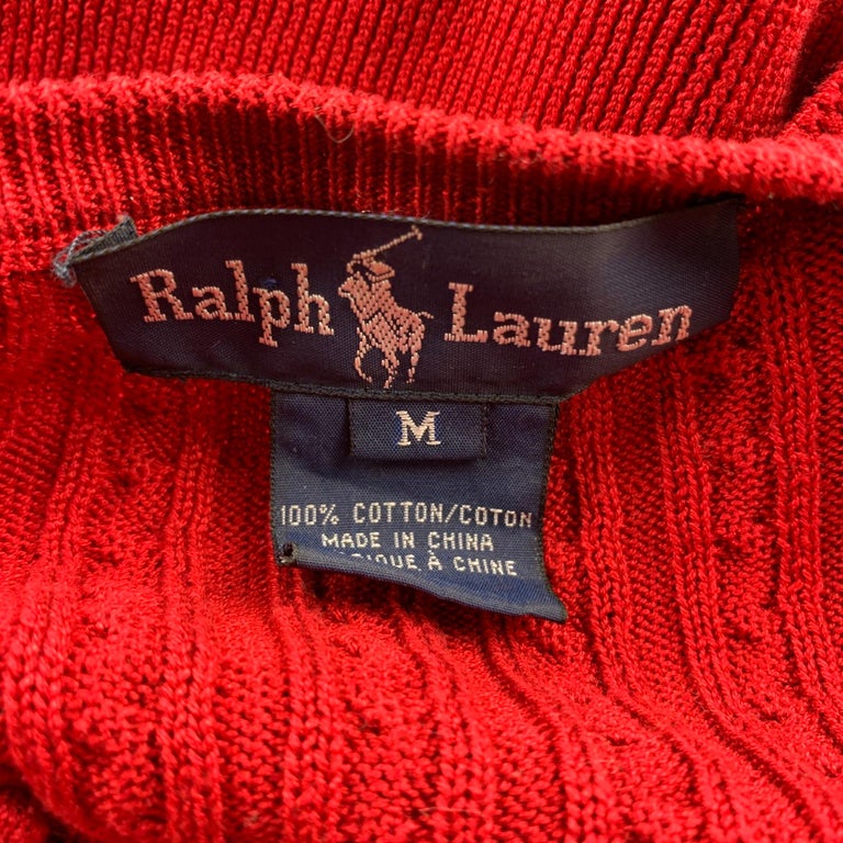 RALPH LAUREN Blue Label Size M Red Cable Knit Cotton Cardigan For Sale at 1stDibs