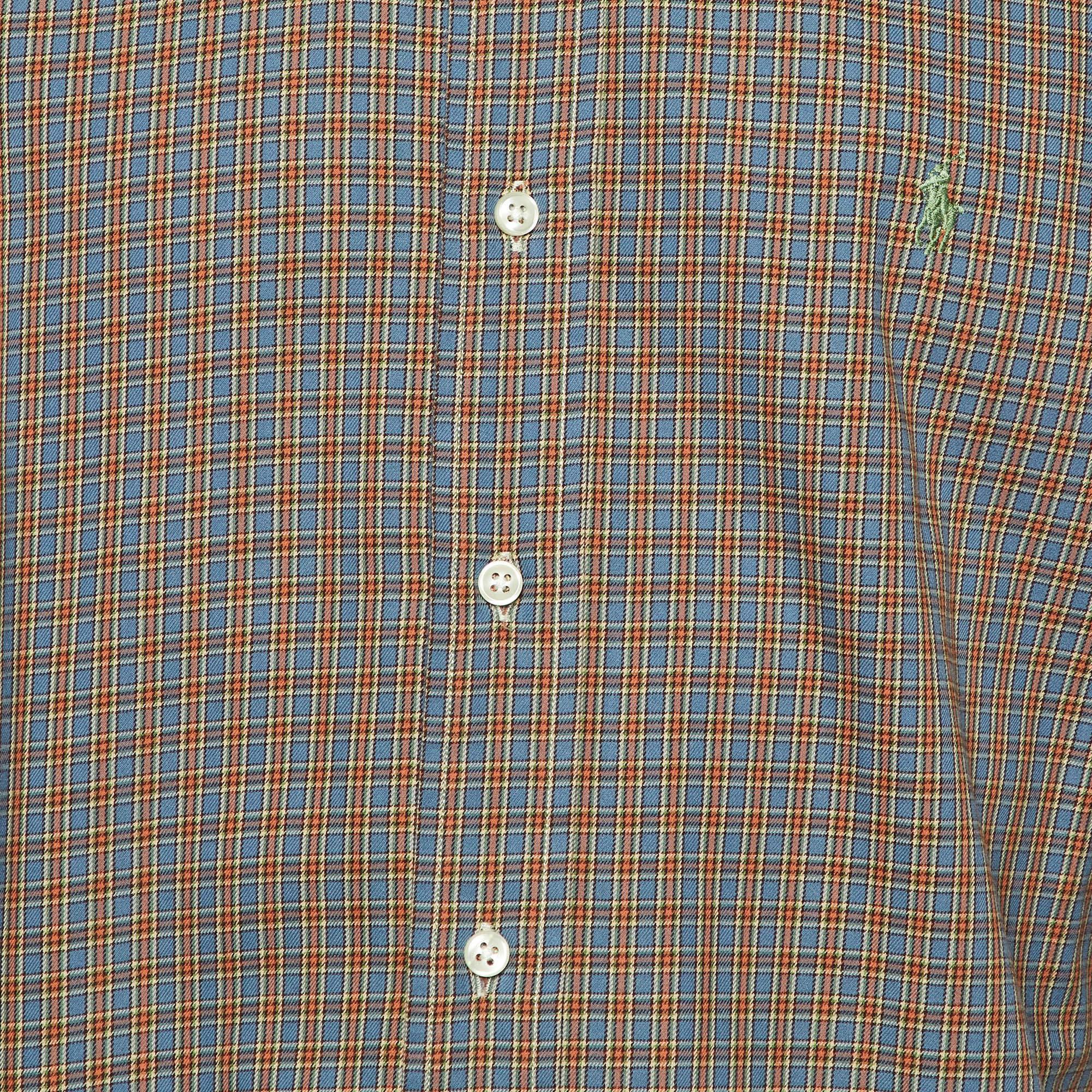 Gray Ralph Lauren Blue/Orange Checked Cotton Button Down Shirt M For Sale