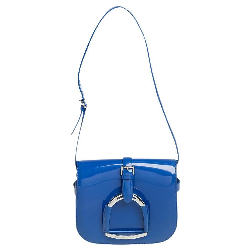 Ralph Lauren Blue Patent Leather Stirrup Flap Shoulder Bag at