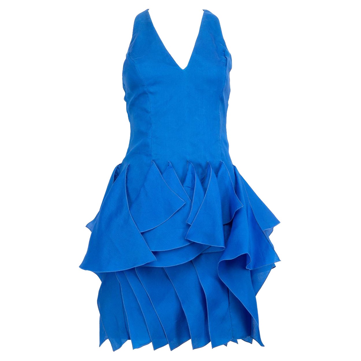 Ralph Lauren Blue Silk V-Neck Ruffle Dress Size S