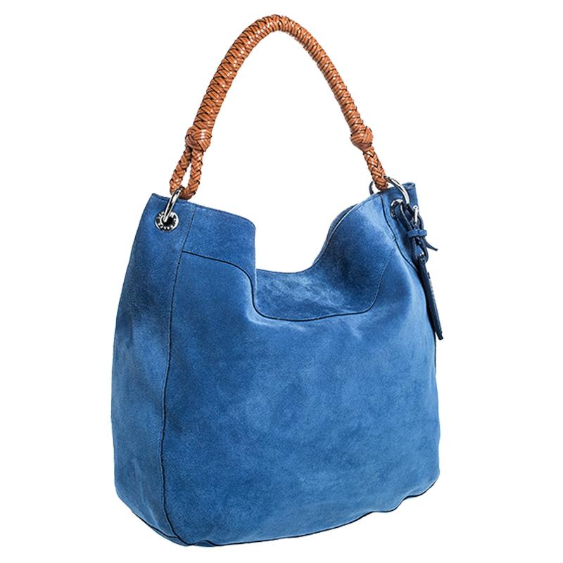 Women's Ralph Lauren Blue/Tan Nubuck and Leather Woven Handle Hobo