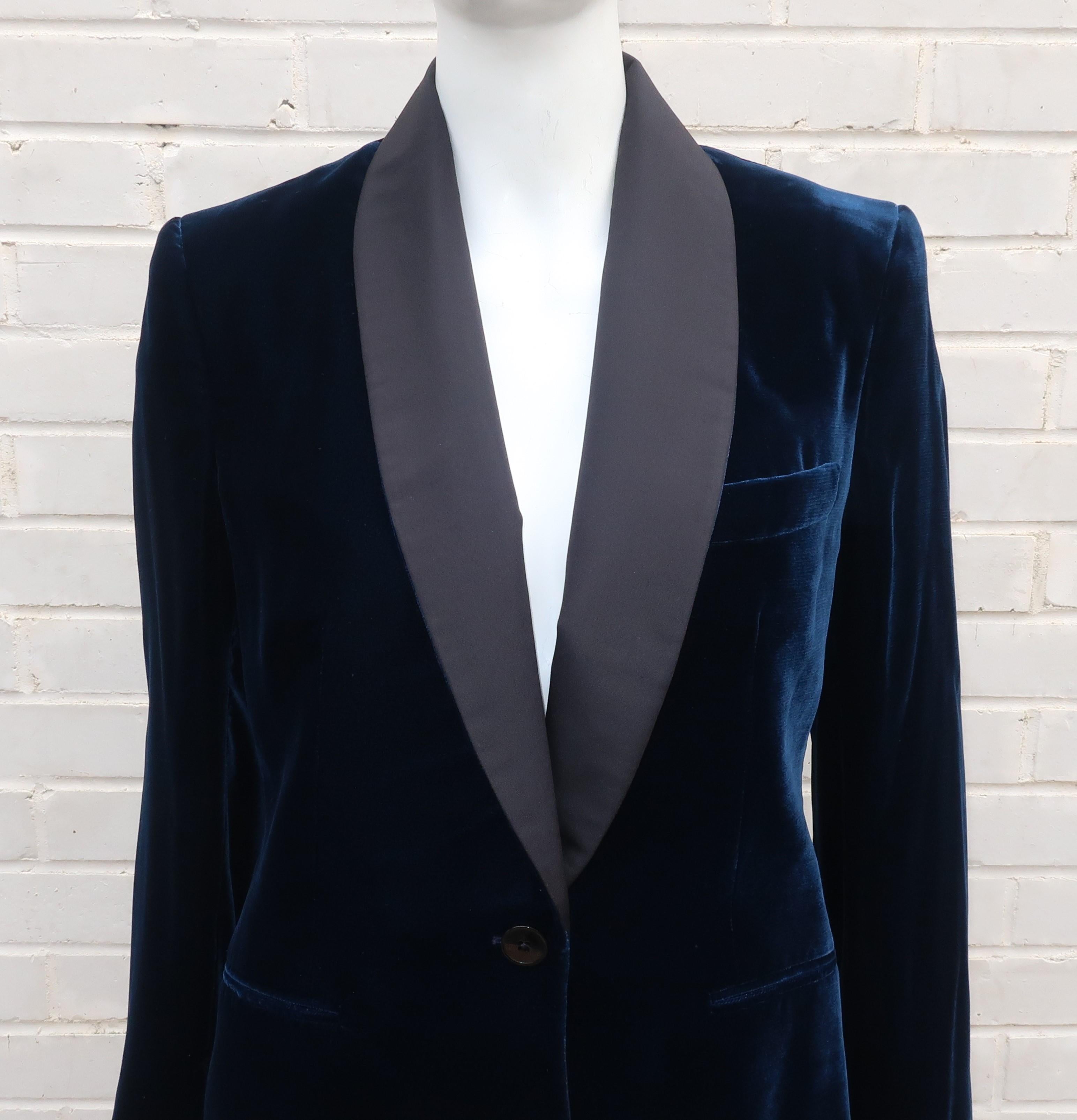 You can't go wrong with this menswear look, made in Italy, for Ralph Lauren ... a classic tuxedo jacket with the distinction of a dark blue velvet fabric and a fine black faille lapel.  All the menswear styling is there ... the breast pocket (faux)
