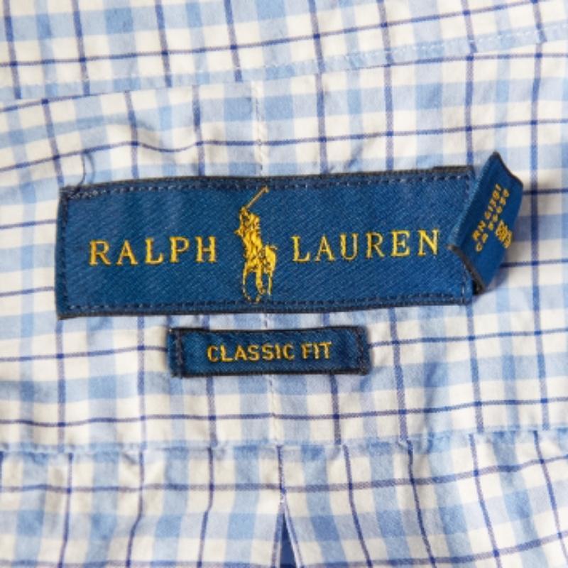 Uomo Ralph Lauren - Camicia in cotone a scacchi blu e bianca con bottoni davanti L. in vendita