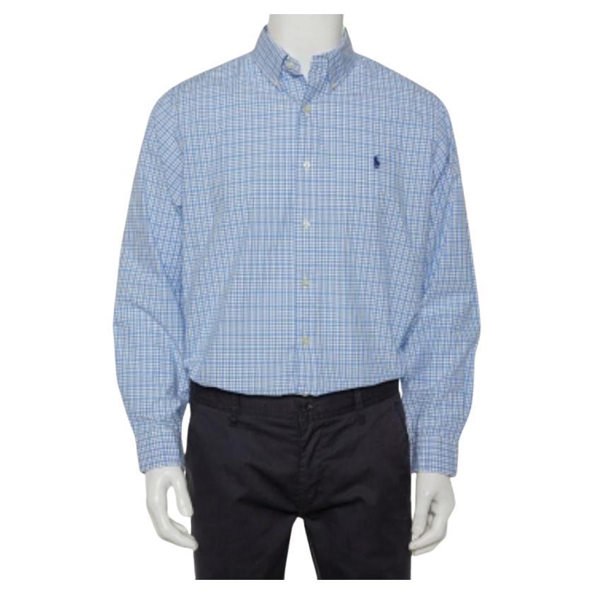 Ralph Lauren - Camicia in cotone a scacchi blu e bianca con bottoni davanti L. in vendita