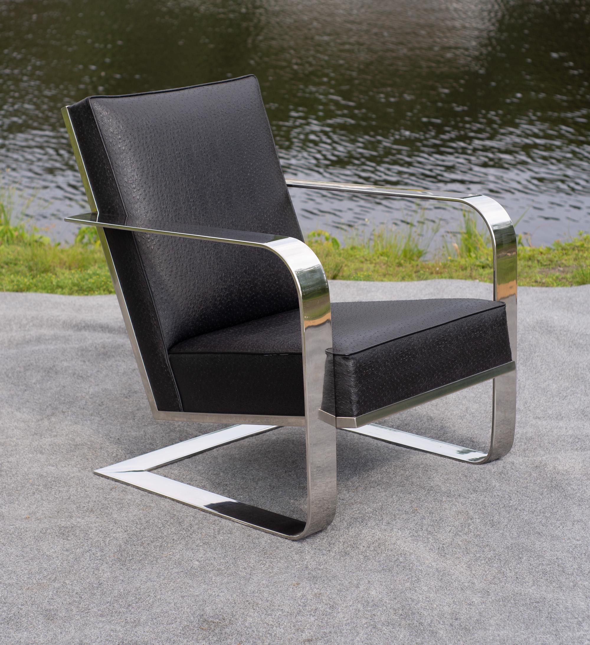 Made in ths USA, this chair is an over-the-top take on the Mies van der Rohe flat-bar BRNO chair. With expanded proportions and radical upholstry, it presents as the perfect statement piece while not compromising quality or materials. The leather is