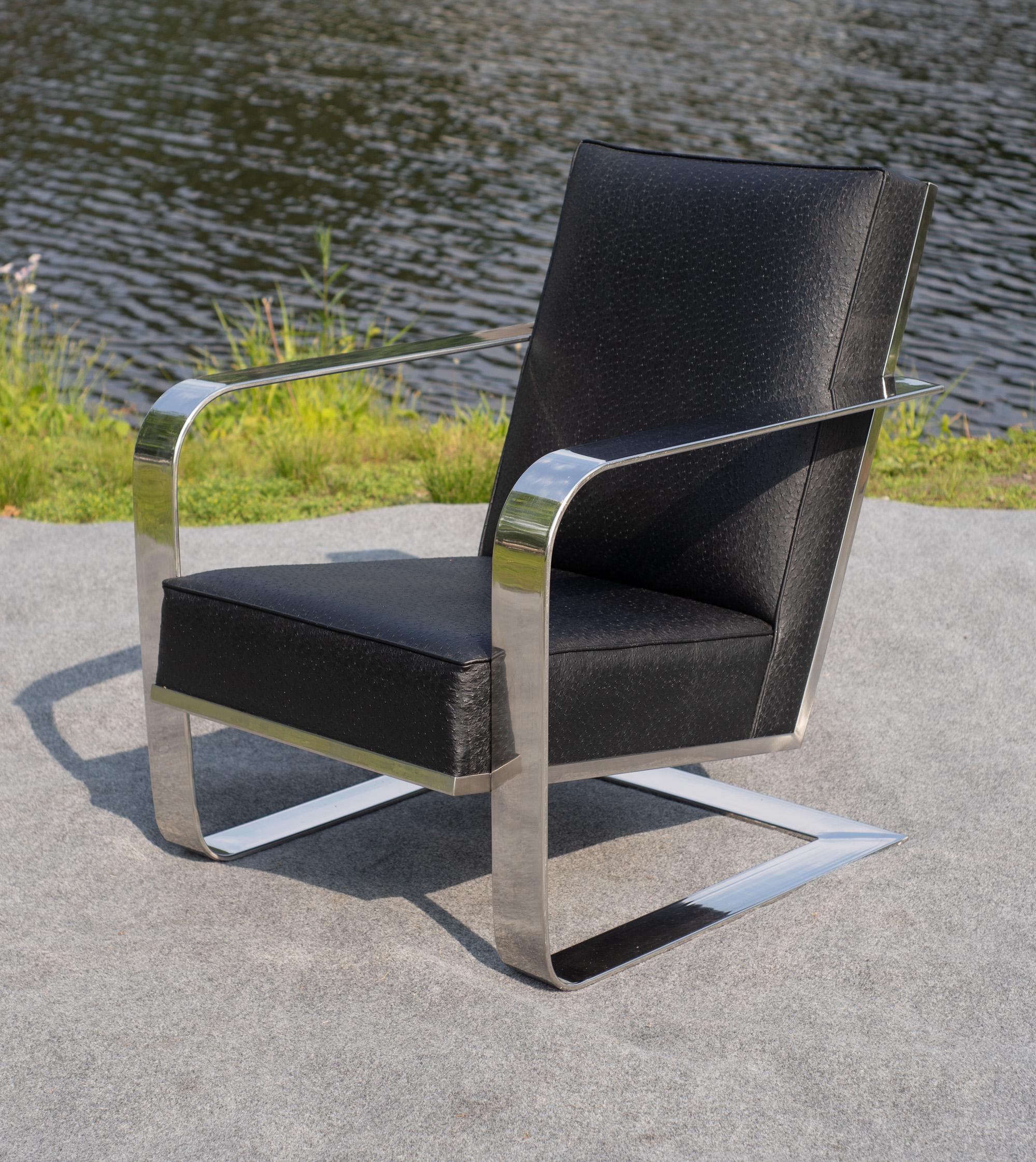 Mid-Century Modern Ralph Lauren Bohemian Chrome & Black Ostrich Leather Cantilever Lounge Chair For Sale