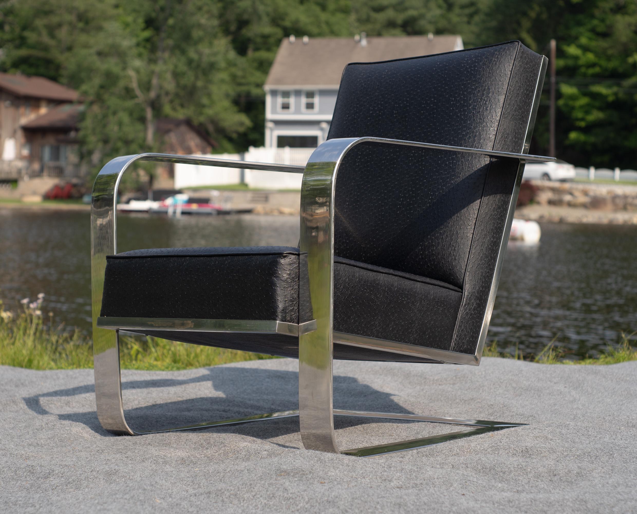Plated Ralph Lauren Bohemian Chrome & Black Ostrich Leather Cantilever Lounge Chair For Sale