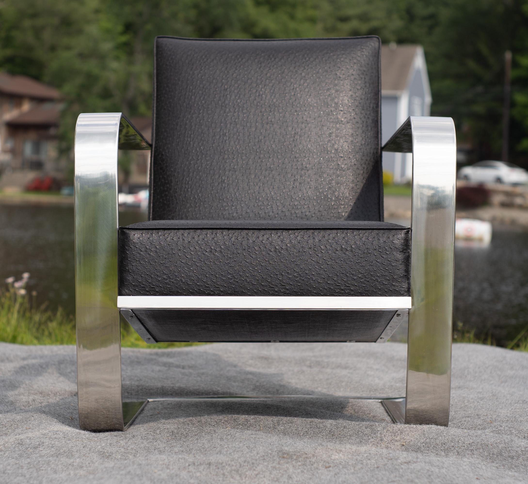 Contemporary Ralph Lauren Bohemian Chrome & Black Ostrich Leather Cantilever Lounge Chair For Sale