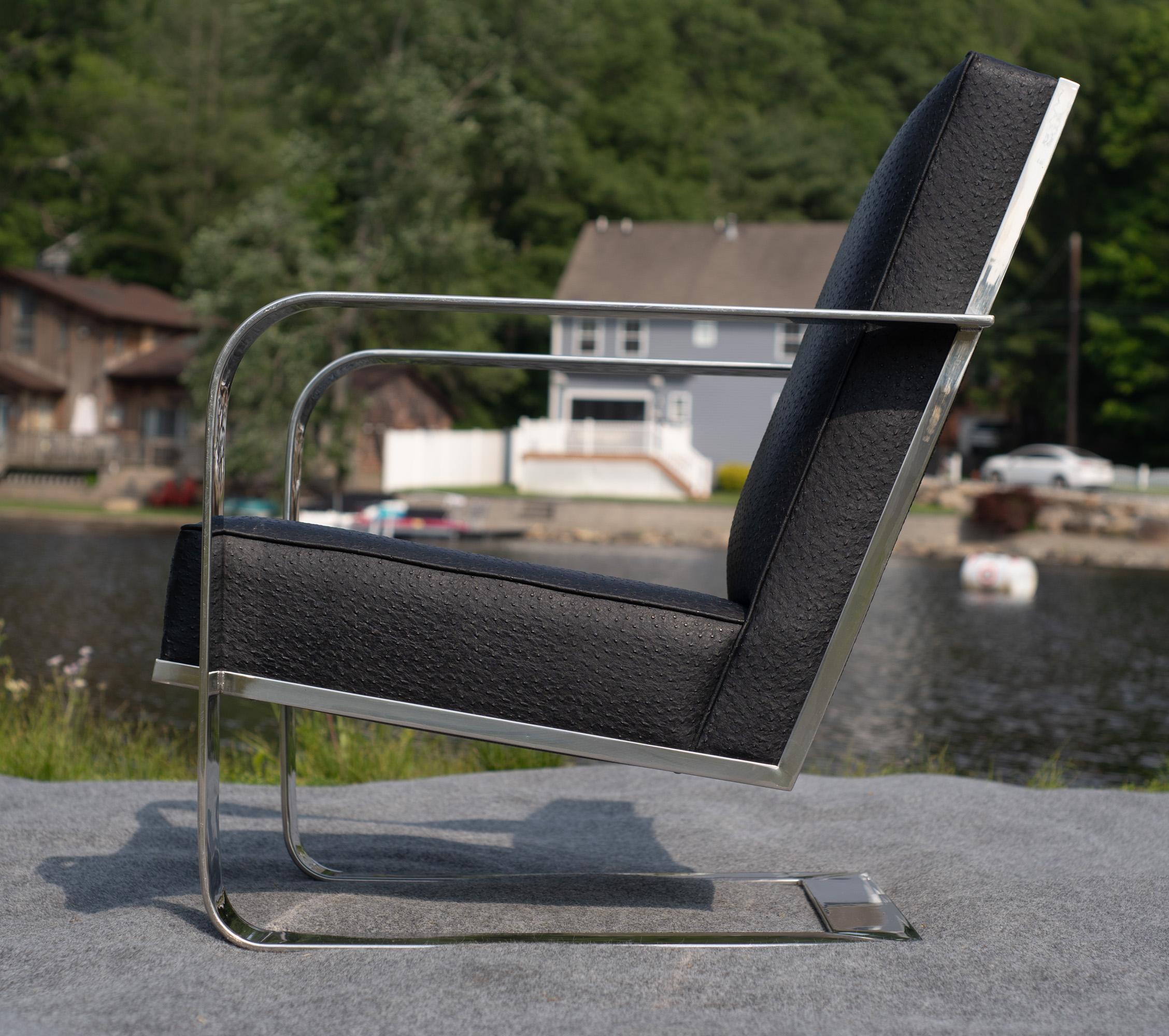 Steel Ralph Lauren Bohemian Chrome & Black Ostrich Leather Cantilever Lounge Chair For Sale