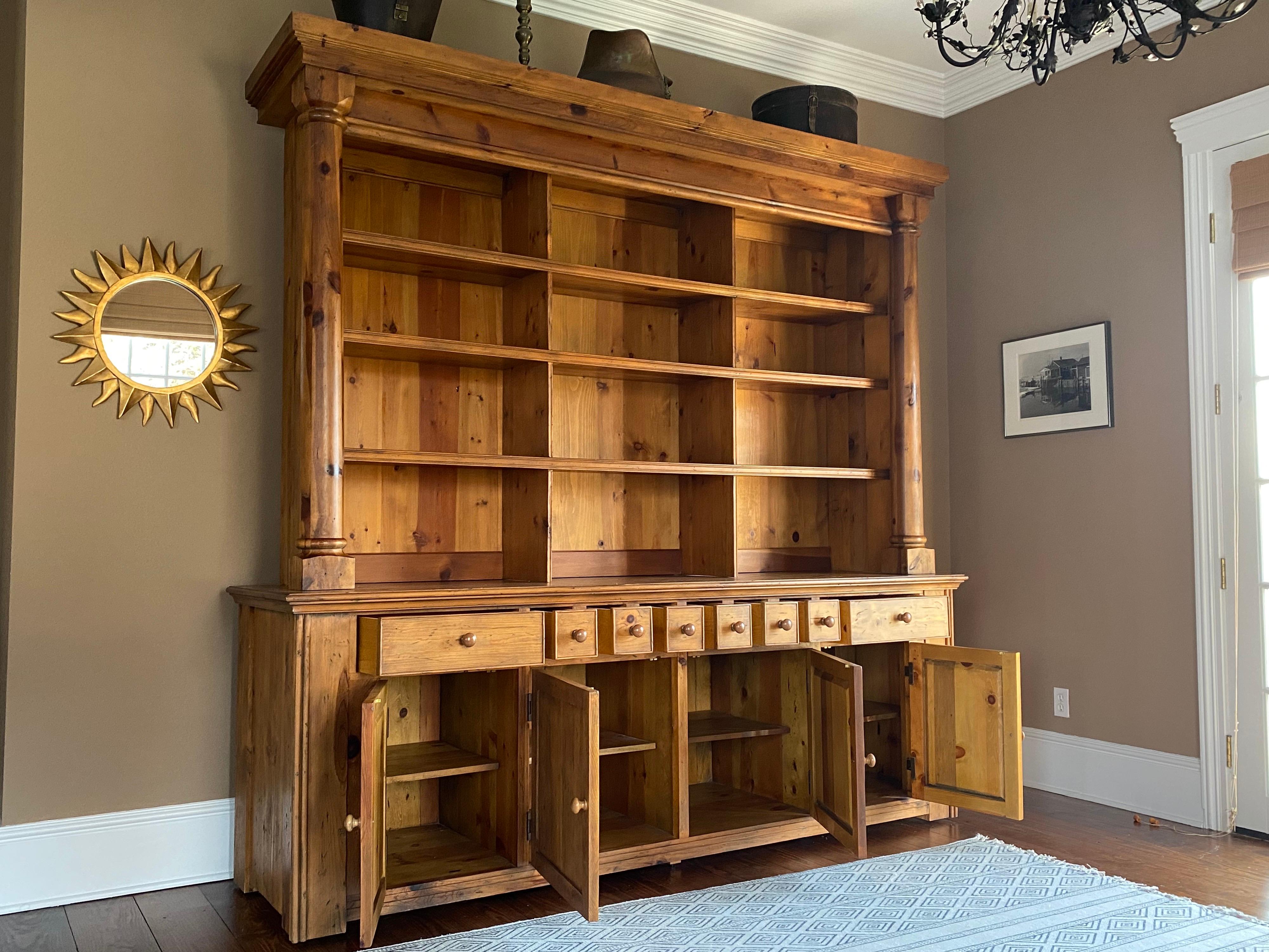 American Ralph Lauren Bromley Solid Pine Bookcase Display Hutch with Cabinet