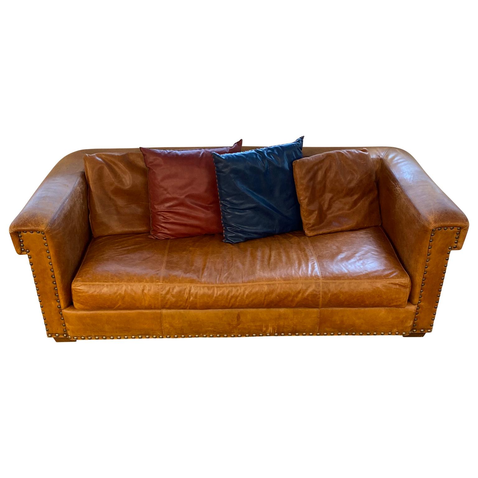 Vintage 3-seat Brompton aged brown heritage leather sofa by Ralph Lauren.

  