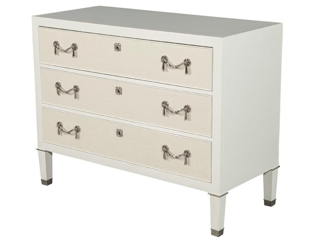 A stunning design from Ralph Lauren’s Brook Street collection. This chest of drawers has all the storage and functionality you could desire presented in luxuriously appealing style. Holding to the seminary aesthetic, three beige croc leather