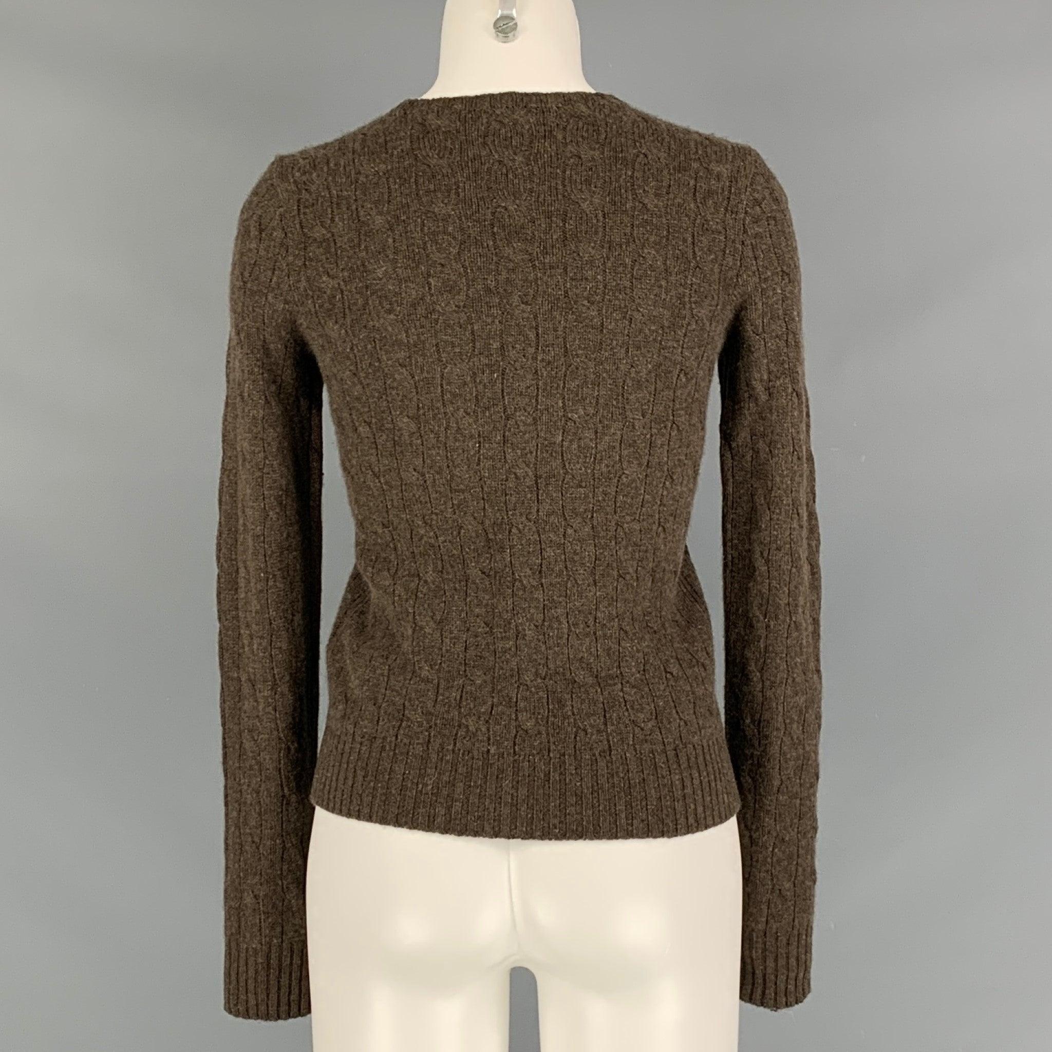 RALPH LAUREN Brown Cashmere Cable Knit Crew-Neck Sweater In Good Condition In San Francisco, CA