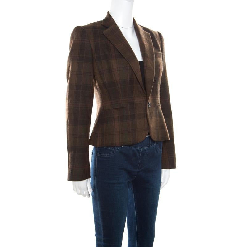 Black Ralph Lauren Brown Cashmere Tartan Plaid Cropped Edmund Blazer S