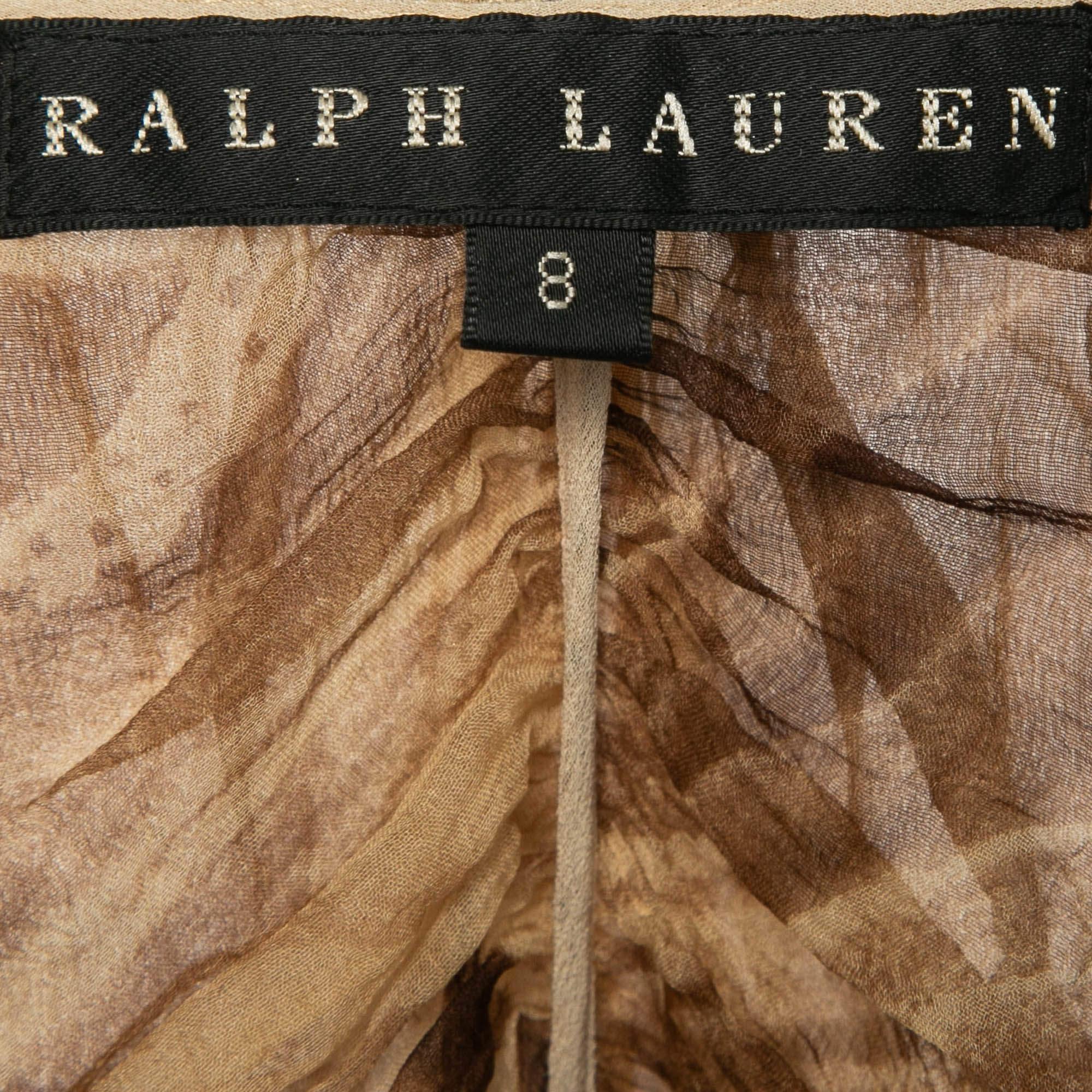 Ralph Lauren Brown Crepe Ruched Detail Button Front Blouse M For Sale 1