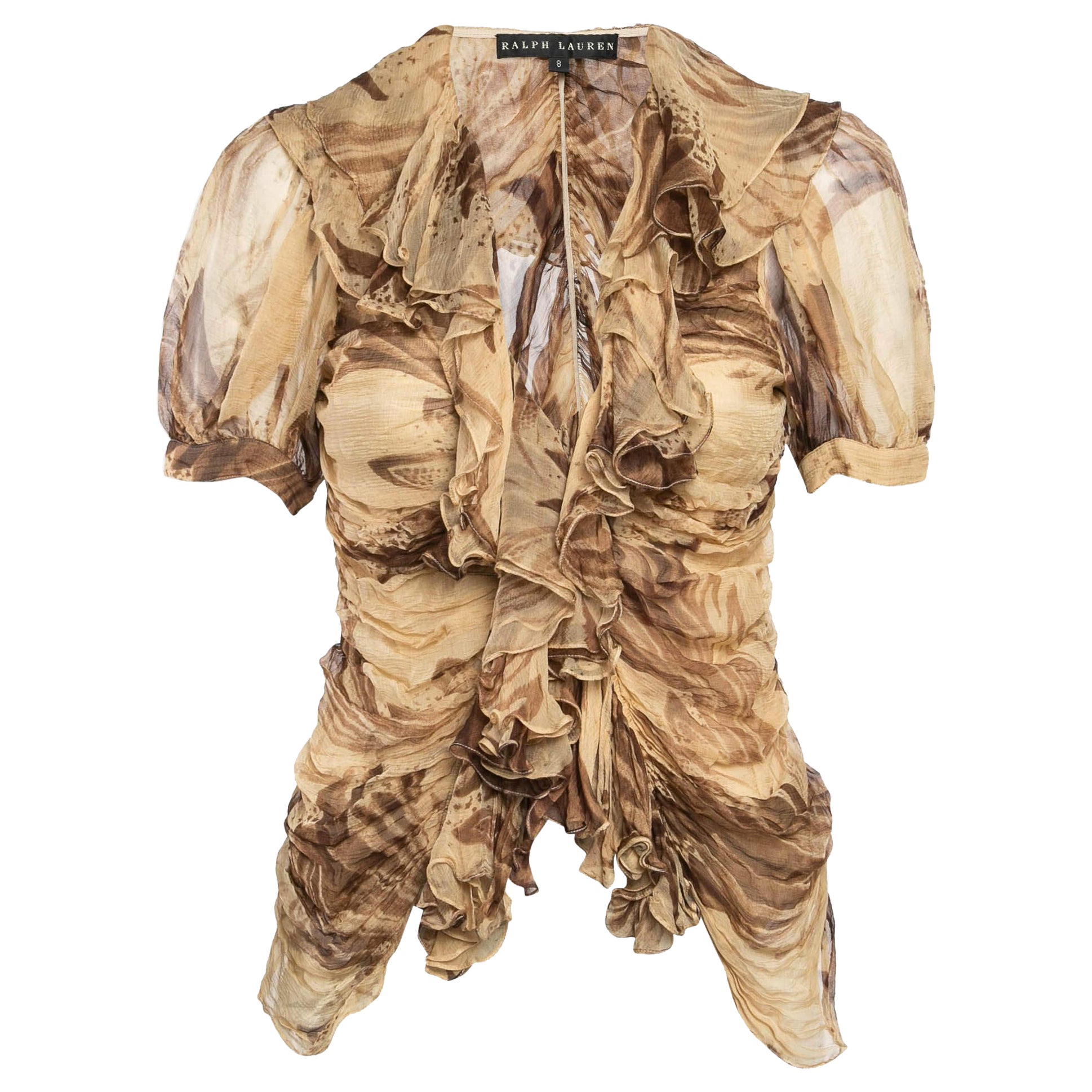 Ralph Lauren Camicetta marrone in crepe con dettaglio increspato e bottoni M.