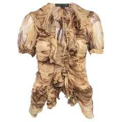 Ralph Lauren Camicetta marrone in crepe con dettaglio increspato e bottoni M.