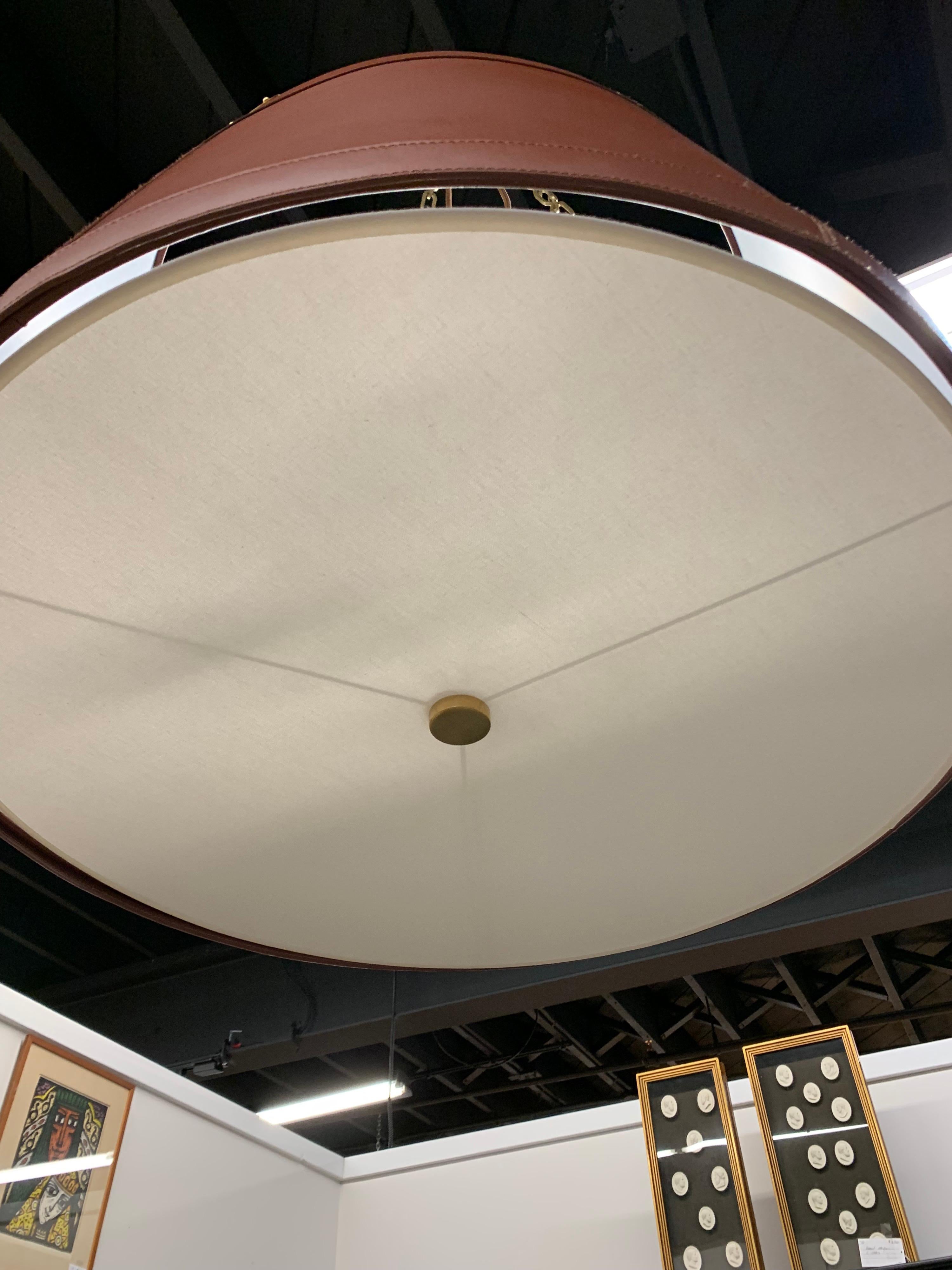 Ralph Lauren Brown Leather Three-Light Drum Chandelier In Excellent Condition In West Hartford, CT